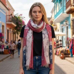 American Flag Red White Blue‎ and Grey Fringe Distressed Style Scarf